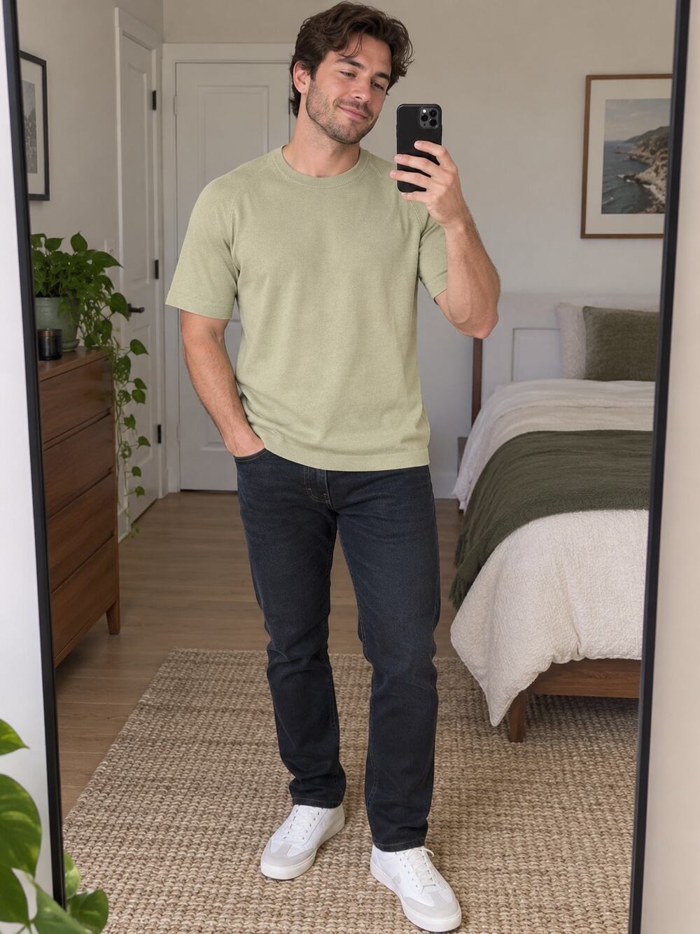 Toscano Mens Size M Sage/Tan Knit Crewneck Short Sleeve Sweater Made in Italy